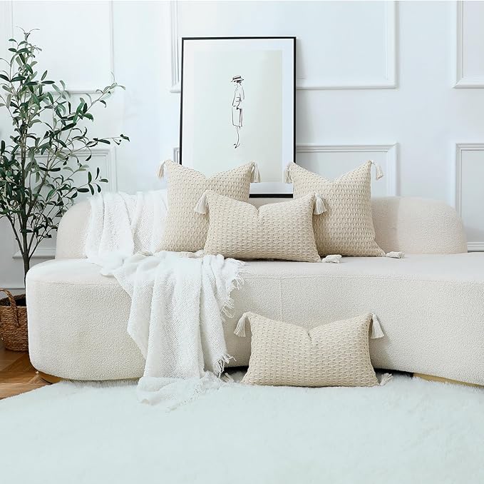 sykting Boho Outdoor Lumbar Pillow Covers 12x20 Set of 2 Thick Woven Neutral Beige Throw Pillow Covers with Tassels for Couch Sofa Living Room