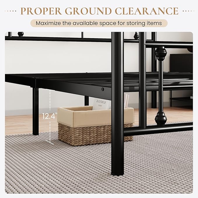 SHA CERLIN 14 Inches Full Size Metal Platform Bed Frame/Vintage Iron-Art Headboard and Footboard/Mattress Foundation for Storage/No Box Spring Needed/Noise-Free/Easy Assembly/Black