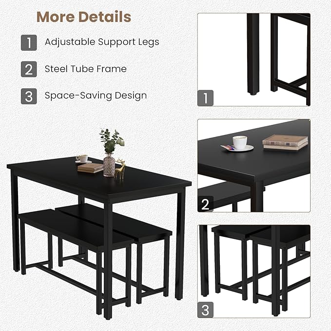 Recaceik 47” Dining Table Set with Benches, 3 Pieces Dining Room Table Set for 4, Wood Kitchen Table and Chair Set with Sturdy Frame, Space Saving Dinette Set for Breakfast Nook, Dining Room, Black