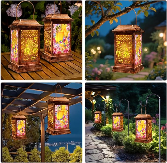 Hummingbird Solar Lanterns Outdoor Waterproof, Metal & Glass Hanging Lights Garden Decor, Birthday Gifts for Women Mom Grandma Mothers Day, Decorative Lights for Outside Yard Patio Backyard Porch