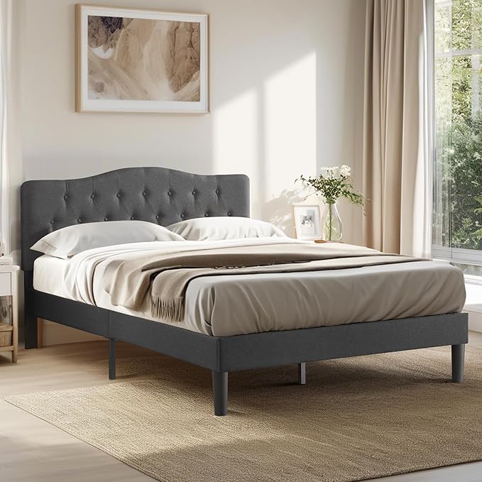 VECELO Full Size Bed Frame Upholstered Platform with Tufted Adjustable Headboard/Mattress Foundation Wood Slat Support/Easy Assembly,Grey