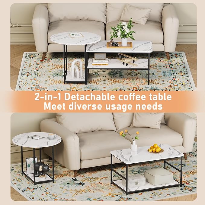 WOHOMO 48IN Faux Marble Wood Coffee Table with Adjustable Shelf, White Nesting Tables Set of 2, Small Coffee Tables for Living Room