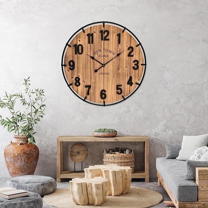 30 Inch Farmhouse Wall Clock Large Old Town Vintage Rustic Wooden Clock with Metal Rim and Large Numerals, Silent Battery-Operated for Office, Kitchen, Bedroom, and Living Room