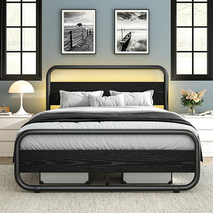 Catrimown Full Size Bed Frame with Wood Headboard, Metal Bed Frame with Under Bed Storage, Black Bed with 20 LED Light Modes, Noise Free, No Box Spring Needed, Black