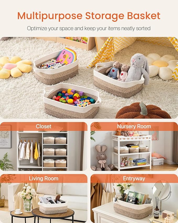 KALLAX Small Woven Basket, 14 x 10 x 5.6 Inches, Small Storage Baskets for Organizing, Gift Baskets Empty, Cute Rope Shelf Closet Storage Bins for Shelves, Dog Toy Basket, Gradient Brown