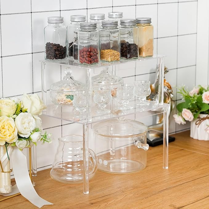 Acrylic Cabinet Organizer Shelf-2 Pack,Stackable Spice Rack Organizer for Cabinet,Clear Shelves for Kitchen Organizers and Storage