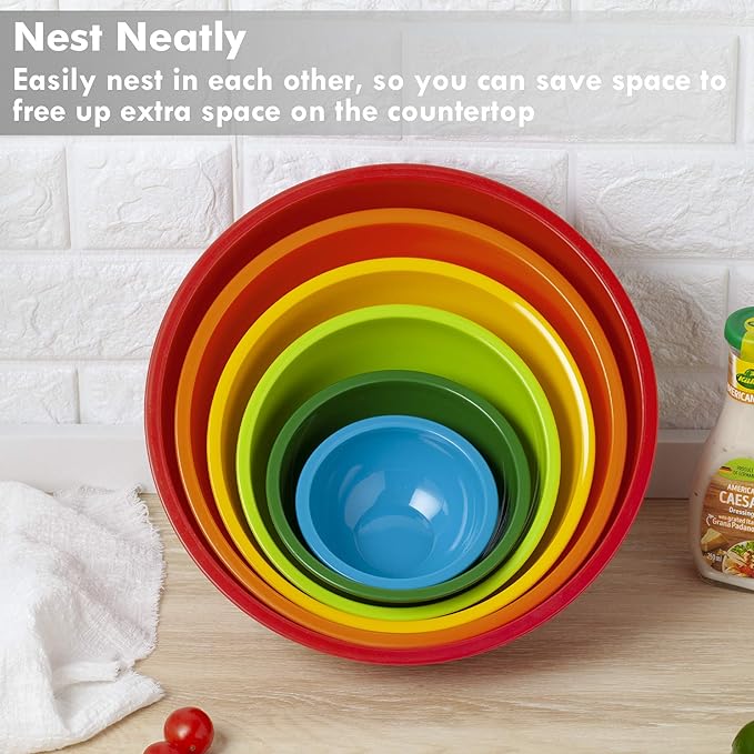 YIHONG 6 Piece Plastic Mixing Bowls Set, Colorful Serving Bowl for Kitchen, Ideal for Baking, Prepping and Cooking,Nesting Design for Space Saving Storage, Rainbow