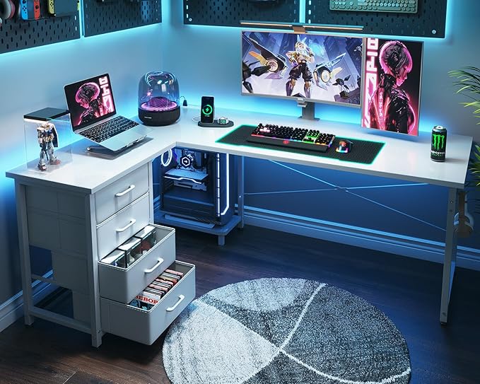 ODK 61'' L Shaped Desk with 4 Drawers, Reversible Corner Desk with Storage, Gaming Table with Power Outlets, USB Ports, PC Case Shelf, Computer Desk for Home Office, Study, Easy Assembly, White