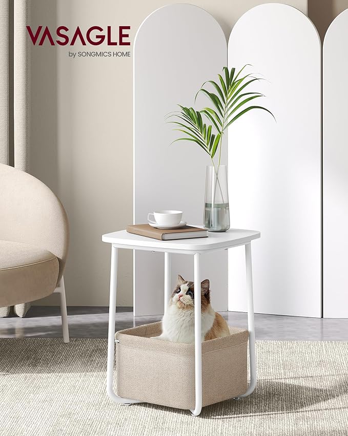 VASAGLE End Table, Side Table with Fabric Basket, Modern Nightstand, Square Bedside Table, for Living Room, Bedroom, Matte White and Camel Brown ULET229W10