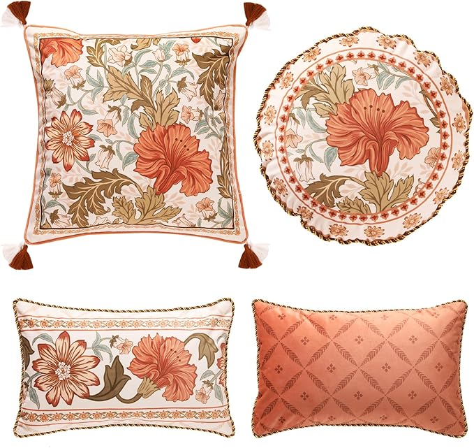Throw Pillow Covers Pack of 4,Orange Floral Farmhouse with Wild Flowers Pattern Cozy Velvet Pillowcases,Decoration Square Lumbar Round Pillows Cushion Covers for Couch Bed Chair