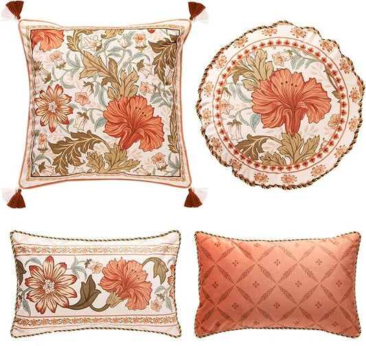 Throw Pillow Covers Pack of 4,Orange Floral Farmhouse with Wild Flowers Pattern Cozy Velvet Pillowcases,Decoration Square Lumbar Round Pillows Cushion Covers for Couch Bed Chair
