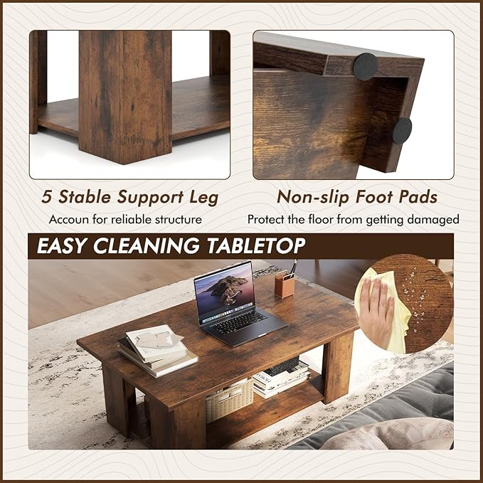 Tangkula 2-Tier Coffee Table, Modern Rectangular Center Cocktail Table with 5 Support Legs, Wooden Accent Living Room Furniture, Small Coffee Table for Small Spaces, Easy Assembly (Rustic Brown)