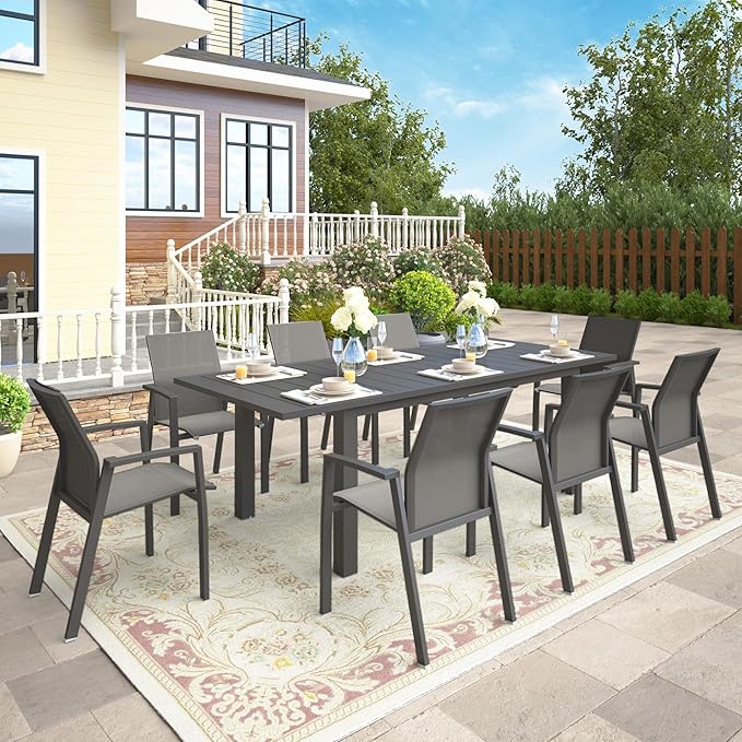 Wisteria Lane 9 Piece Aluminum Outdoor Patio Dining Sets with Fully Assembled Dining Chair,91.3" L×39.4" W Expandable Patio Table and Chairs Set for 8, Stackable Chairs with Quick Drying Fabric, Grey