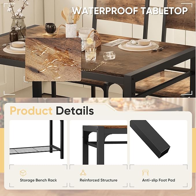 Shahoo Kitchen Table and 2 Chairs for 4 with Bench, 4 Piece Dining Sets for Small Space, Brown