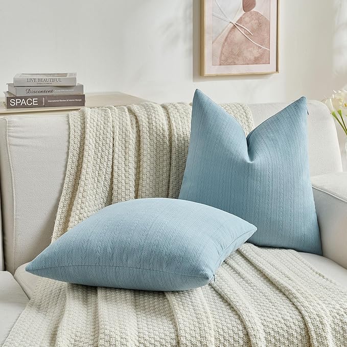 FUTEI Denim Blue Decorative Throw Pillow Covers 22x22 Inch Set of 2,Soft Cozy Wheat Ear Striped Patterns Cushion Cases,Modern Home Decor for Couch Bed Living Room