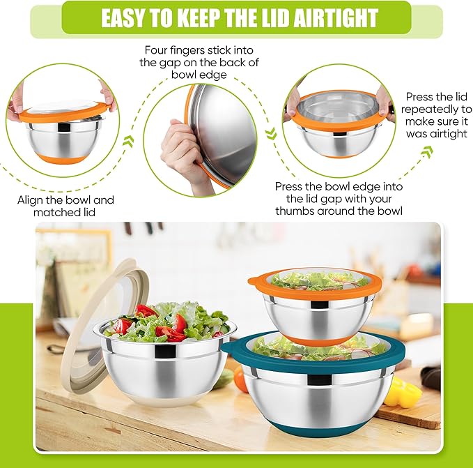 P&P CHEF Multicolor Mixing Bowls Set of 6, Stainless Steel Mixing Bowl with Visible Lids for Salad, Metal Nesting Serving Bowls for Kitchen Cooking Prepping Storing Food, 4.6/3.5/2.6/2/1.5/1 QT