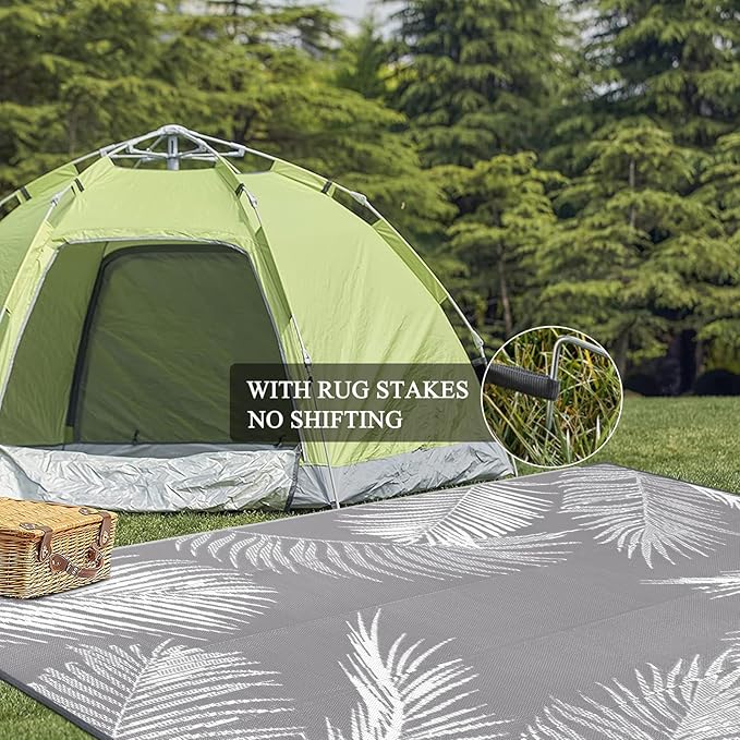 Pauwer Waterproof Outdoor Rug 9x12, Reversible Plastic Straw Patio Camping Rug, Indoor Outdoor RV Mat Carpet for Deck, Camper, Porch, Balcony, Backyard, Picnic, Leaf Grey