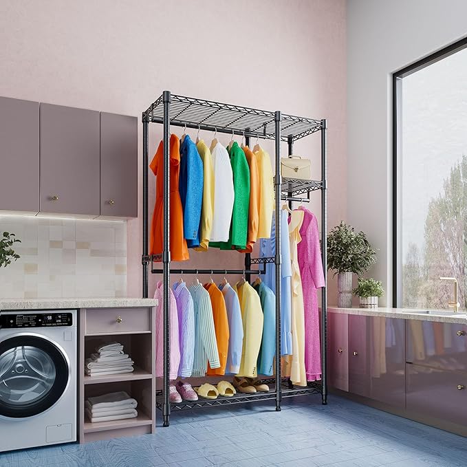 IZEUK Heavy Duty Garment Rack, Closet Organizer and Clothes Rack for Hanging Clothes with 3 Hang Rods, Freestanding Adjustable Metal Wardrobe, 15.7" D x 41.5" W x 76.5" H, Max Load 750LBS, Black