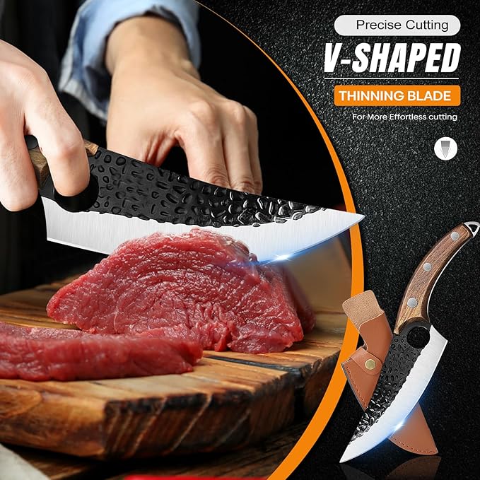 ZENG Butcher Knife Hand Forged Boning Knife with Sheath Viking Style, High Carbon Steel Japanese Chef Knife Meat Cleaver Knife for Kitchen, Camping, Outdoor, BBQ