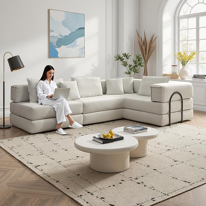 Rovibek 118" 5-in-1 Memory Foam Boneless Sectional Couch, Modular Convertible Sleeper Sofa Bed, Full Size No Assembly Required DIY Combination, Oversized Lazy Sofa with Fixed Frame Beige