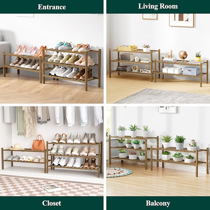 Smiry Bamboo Shoe Rack for Closet, 2 Tier Wooden Stackable Shoe Organizer, Free Standing Shoes Storage Shelf for Entryway, Front Door Entrance, Walnut