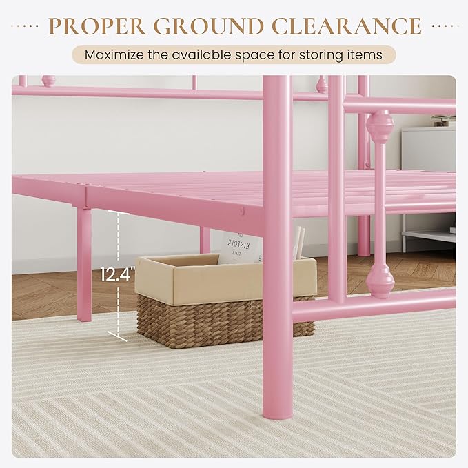 SHA CERLIN 14 Inches Queen Size Metal Platform Bed Frame/Vintage Iron-Art Headboard and Footboard/Mattress Foundation for Storage/No Box Spring Needed/Noise-Free/Easy Assembly/Pink