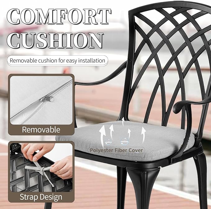 3 Piece Patio Bistro Set with Cushions, Outdoor Bistro Table and Chairs Set of 2 with Umbrella Holes, All Weather Bistro Table Set for Garden Porch Pools (Black with Grey Cushion)
