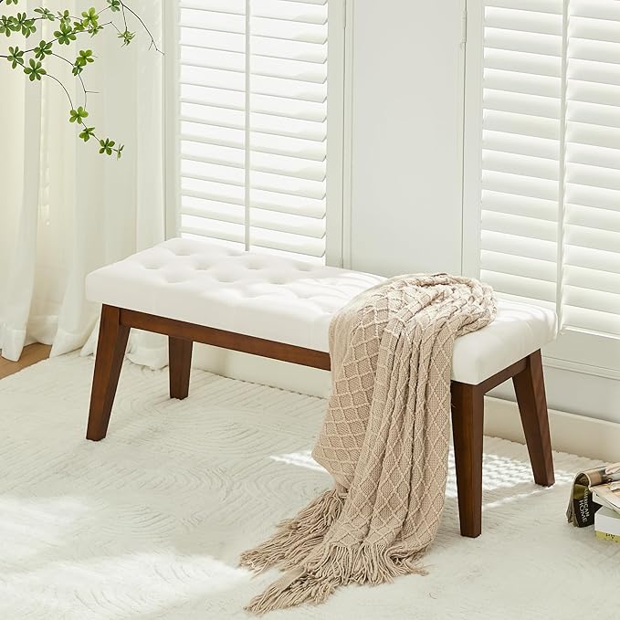 43.5'' Linen Bedroom Bench, Upholstered End of Bed Bench with Tufted Button, Padded Vintage Dining Bench, Entryway Bench with Solid Wood Legs, Kitchen, Living Room, Hallway, Beige Tufted