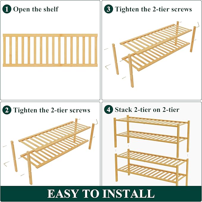 Smiry Bamboo Shoe Rack for Closet, 4 Tier Long Wooden Stackable Shoe Organizer, Free Standing Shoes Storage Shelf for Entryway, Front Door Entrance, Natural