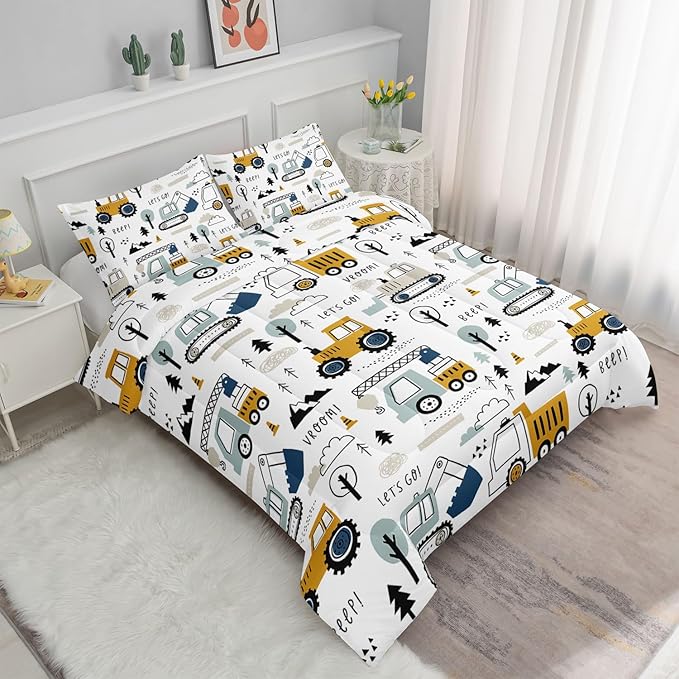 Kids Cartoon Excavator Bedding Comforter Sets for Boy and Girls,Construction Truck Bulldozer Tree Pattern Comforter Set with 2 Pillowcase and 1 Comforter(Excavator Full)