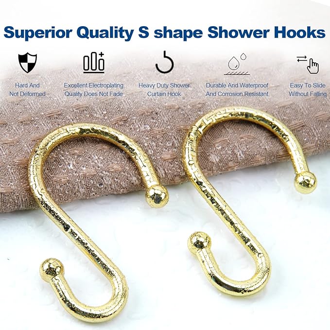 Shower Curtain Hooks Rings, Stainless Steel S Shaped Shower Hooks Rust Proof, Metal Shower Curtain Hangers for Shower Curtains, Kitchen, Wardrobe & Garden, Gold, Set of 12