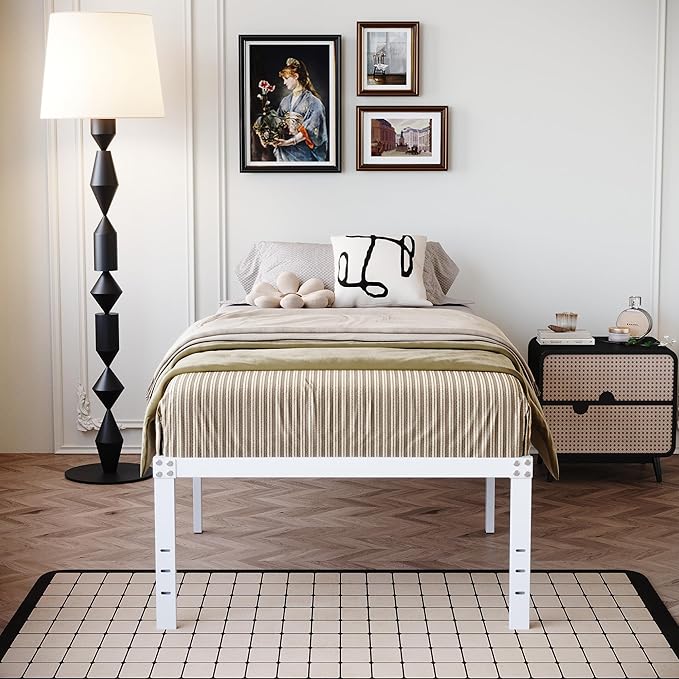 18 Inch Twin XL Bed Frame Heavy Duty No Box Spring Needed Metal Platform with Maximum Storage, Easy to Assembly, Noise Free, White