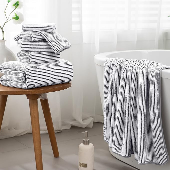 8-Piece Premium Towel Set for Bathroom|2 Oversized Large Bath Sheet,2 Hand Towels,4 Washcloths|Soft Cozy Highly Absorbent Fast Dry Microfiber Shower Towel Set for Hotel Bathroom Essentials,Black White