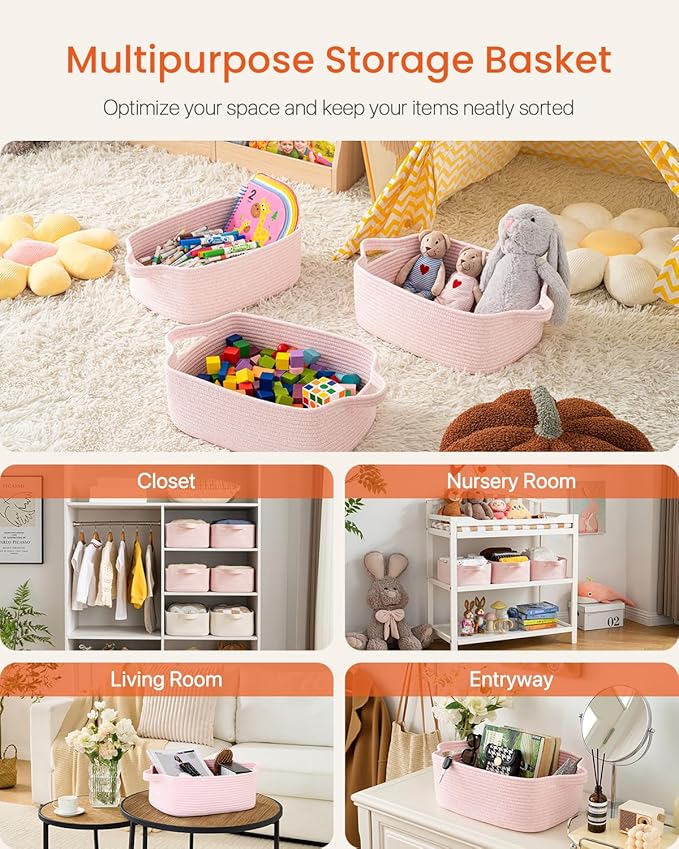 KALLAX Small Woven Basket, 14 x 10 x 5.6 Inches, Small Storage Baskets for Organizing, Gift Baskets Empty, Cute Rope Shelf Closet Storage Bins for Shelves, Dog Toy Basket, Light Pink