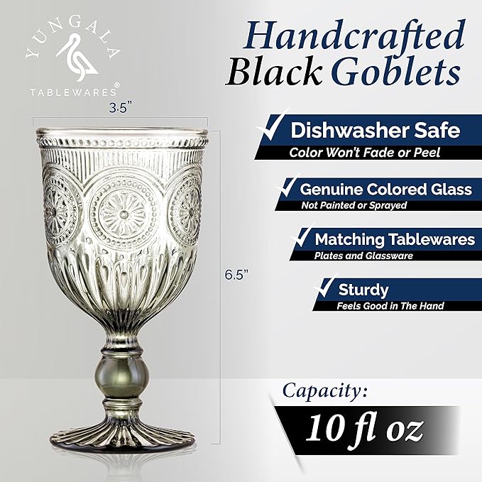 Yungala Black Wine Glasses set of 6 smoke glass goblets, black glassware made from dishwasher friendly colored glass smoke - black goblets