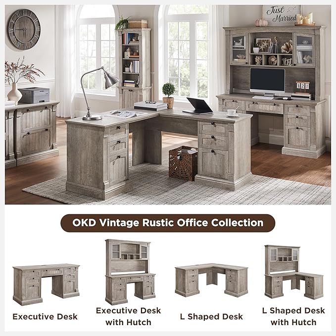 OKD 60" Executive Desk with Drawers, Farmhouse Home Office Desk with Charging Station, Keyboard Tray, File Cabinet Storage, Wood Computer Desk for Work and Study, Light Rustic Oak