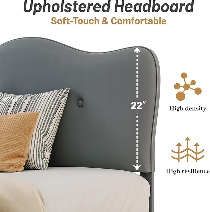Queen Size Bed Frame, Upholstered Bed Frame with Headboard, Platform Bed Frame with Wood Slats Support, No Box Spring Needed, Adjustable Height Headboard, Dark Grey