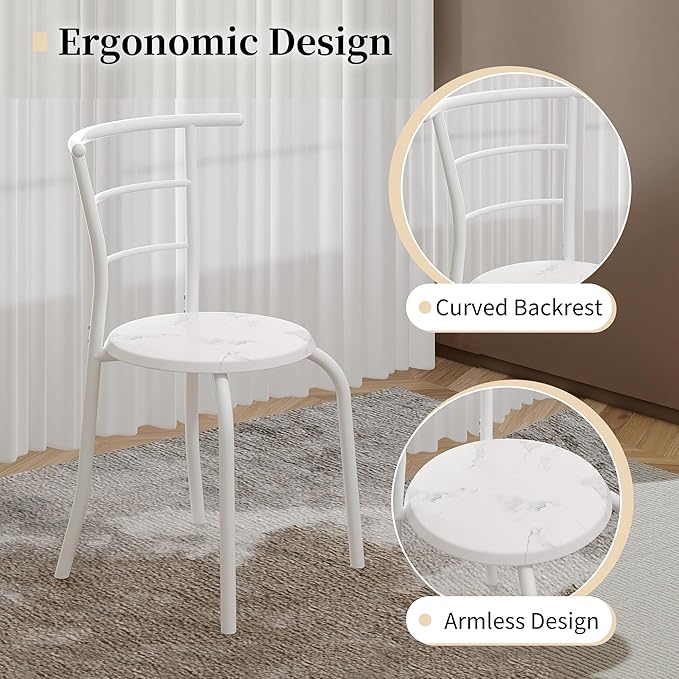 VECELO 3-Piece Dining Table Set for Kitchen Breakfast Nook, Faux Marbled Oval Tabletop and Metal Frame with Built-in Wine Rack, for Small Spaces, White