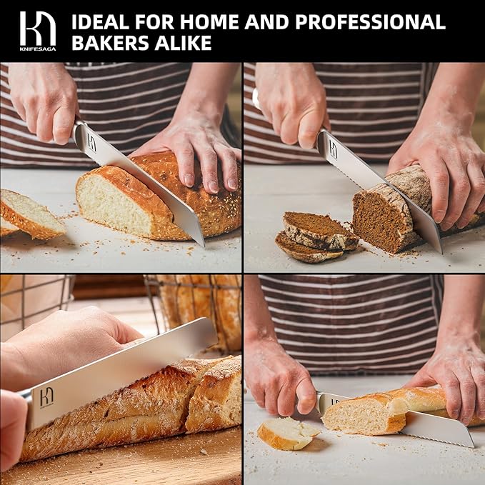 Bread Knife - 8 Inch Japanese Serrated Sourdough Bread Slicing Knife, High Carbon Stainless Steel, Razor Sharp, Ergonomic White Handle