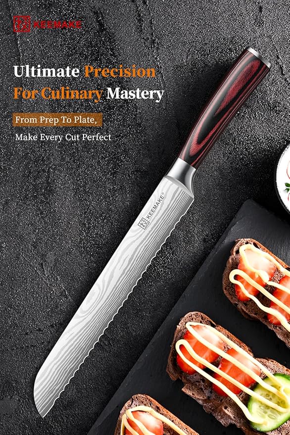 KEEMAKE Serrated Bread Knife 8-inch Ultra Sharp High Carbon Stainless Steel Bread Slicer Knife for Homemade Breads Sourdough Bagels Cakes and Soft Produce - Ergonomic Pakkawood Handle, w/Sheath