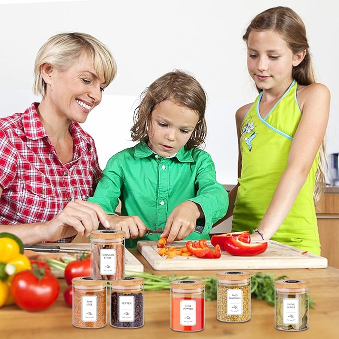 SLifeJars-Spice Jars with Label, 7.5 oz 20pcs Spice Containers Glass Jars with Bamboo Lids, Seasoning Containers Bottles,Airtight Empty Spice Jars for Spice Rack, Drawer,Cabinet,Pantry