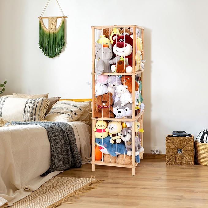 ACEPRUT Wood Stuffed Animal Storage Holder for 50 Plushies, Three Tier Vertical Large Stuffed Animal Zoo Organizer for Playroom Bedroom, Toy Storage Birthday Gifts for Kids
