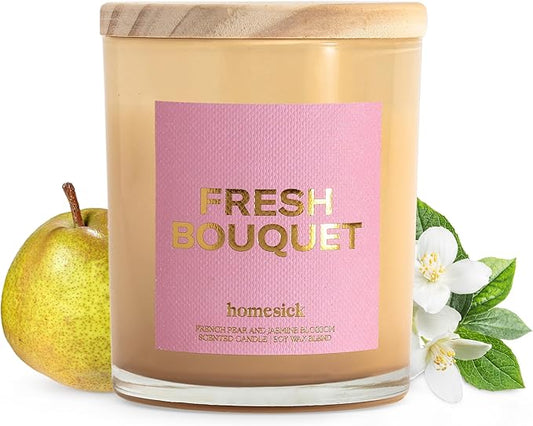 Homesick Scented Candles for Home (Fresh Bouquet) - 7.5 oz Long-Lasting Natural Soy Wax Blend Jar Candle Gift for Women & Men for All Occasions, 30-35 Hours Burn Time - Notes of Jasmine & Rose