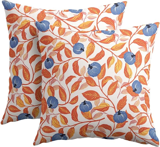 Kawani Fall Leaf Pumpkin Pillow Covers 24x24 Inch Seasonal Autumn Harvest Orange and Blue Outdoor Decorative Throw Pillows Set of 2 Thanksgiving Holiday Pillowcases for Couch Home Decor