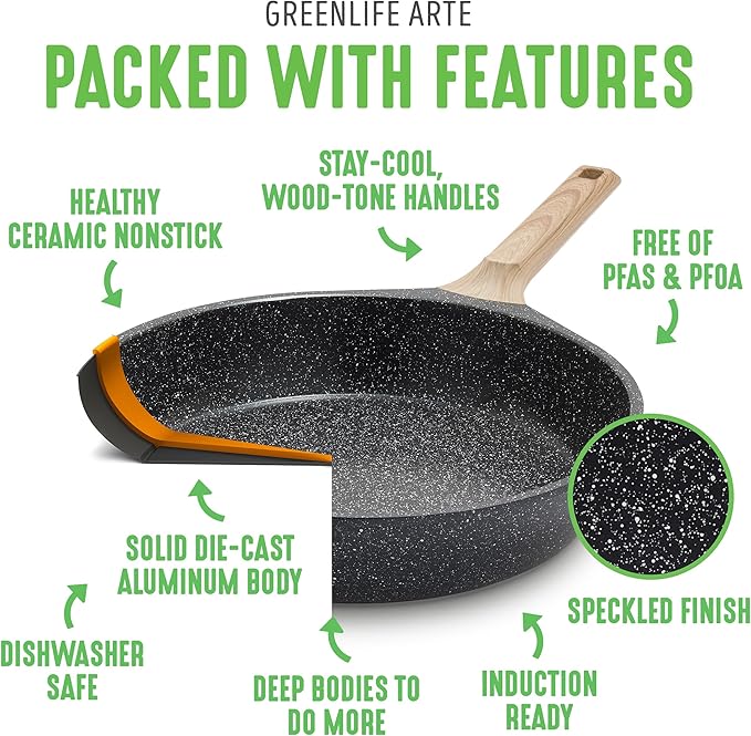 GreenLife Nonstick 2 Piece Frying Pan Set, 9.5" & 11" Skillets Ceramic PFAS-Free Nontoxic, Induction Suitable, Wood Print Handles, Stay-Cool Handles, Deep Cooking Skillets, Egg Pan, Granite Black