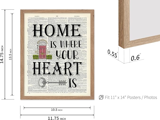 Poster Master Dictionary Art Poster - Home Is Where Your Heart Is Print - Motivational Art - Gift for Men & Women - Inspiring Wall Decor for Dorm, Bedroom or Living Room, 11x14 Beige Framed