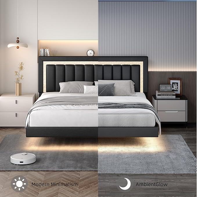HOMBCK Floating Bed Frame King with Smart LED Lights, Faux Leather Upholstered Platform Bed with Diamond PU Headboard, No Box Spring Needed, Noise-Free, Easy Assembly, Black