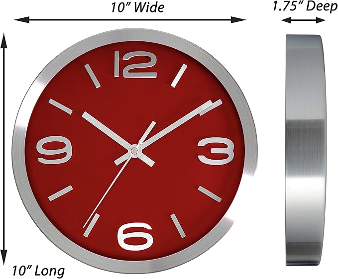 Bernhard Products Metal Wall Clock Modern Silver & Wine 10 Inch Silent Non Ticking, Red Round Elegant Quality Quartz Battery Operated for Home Kitchen Living Room Office, 3D Numbers