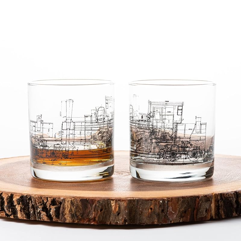 Black Lantern Whiskey Glass Set - Old Fashioned Tumbler Glasses for Cocktails Bourbon Scotch and Whisky - Nature Graphics - Two 11oz. Tumblers with Heavy Base (Locomotive Blueprints)