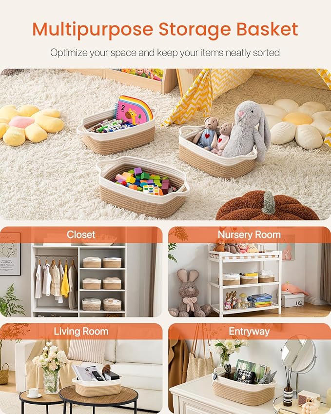 KALLAX Small Woven Basket, 12 x 8 x 4.5 Inches, Small Storage Baskets for Organizing, Gift Baskets Empty, Cute Rope Shelf Closet Storage Bins for Shelves, Dog Toy Basket, White & Brown